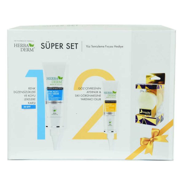 Süper Set Renk Açıcı Leke Kremi 55 ML+Göz Altı Kremi 15 ML + Hediye Yüz Temizleme Fırçası